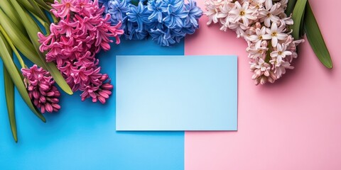 Poster - Flat lay arrangement featuring spring hyacinth flowers and a blank card on a colored background, with space for text.