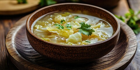 Aufkleber - Braised cabbage soup in a bowl placed on a wooden plate on the floor. Copy space for text.