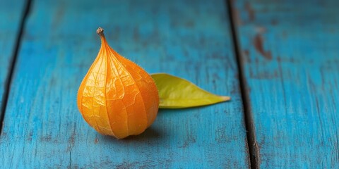 Poster - A single bright orange physalis fruit on a delicate blue wooden surface.