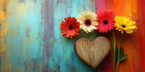 Aufkleber - Lovely flowers and a wooden heart against a colorful background.