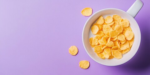 Aufkleber - Bowl of corn flakes and jug of milk on a purple background, top view.