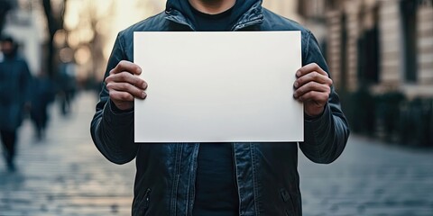 Poster - A man holds a blank poster or billboard.