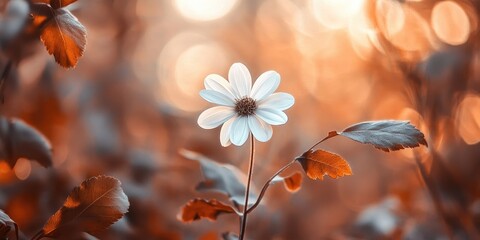Fototapete - Panorama frame of a white flower from a plant with brown leaves set against a blurred background.