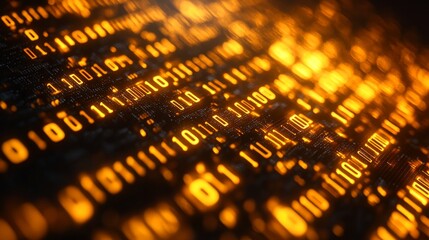 Glowing binary code on a dark surface.