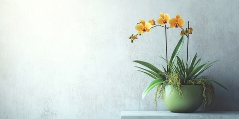 Aufkleber - Orchid, Ant Plant, Tillandsia, and Spanish moss are arranged on a white concrete wall for decorative gardening at home. A green three-tree pot in a minimal style is included with copy space.