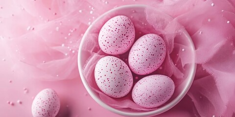 Aufkleber - Unique handcrafted modern Easter eggs. Decorated Easter eggs. Pink Easter backdrop. Glamorous the eggs. The trend. Easter. Eggs on a dish.