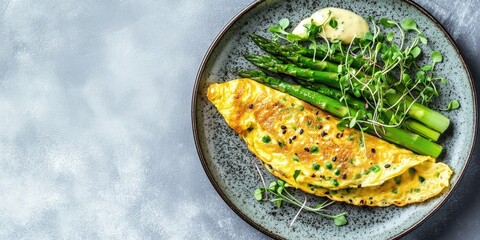 Aufkleber - Delicious omelet with green asparagus, sauce, and microgreens. Banner. Copyspace.