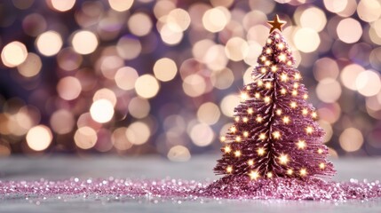 Wall Mural - festive pink christmas tree with lights and glitter.