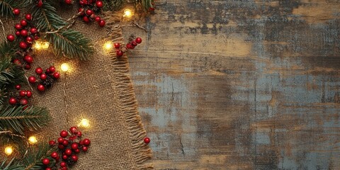 Poster - A Christmas backdrop featuring a burlap decoration with berries on a wooden surface, adorned with Christmas lights and copy space.