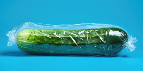 Poster - Cucumber enclosed in plastic on a blue backdrop.