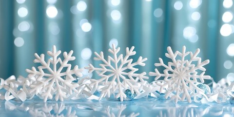 Wall Mural - Contemporary Christmas arrangement featuring three white snowflakes on a pastel blue backdrop in front of a shiny blue curtain. Artistic New Year idea with copy space.