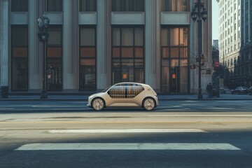 Leinwandbilder - The self-driving vehicle moves along an urban street, showcasing its onboard AI technology in an active city environment. Generative AI