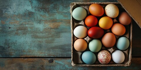 Aufkleber - A box filled with vibrant eggs on a rustic backdrop.