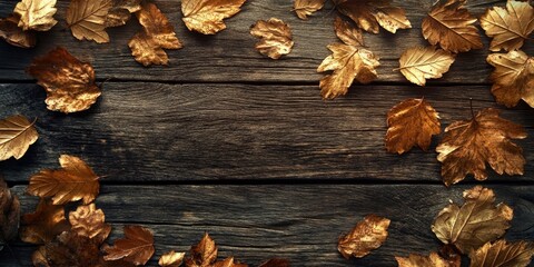 Poster - Autumn theme featuring golden leaves on a rustic wooden surface.