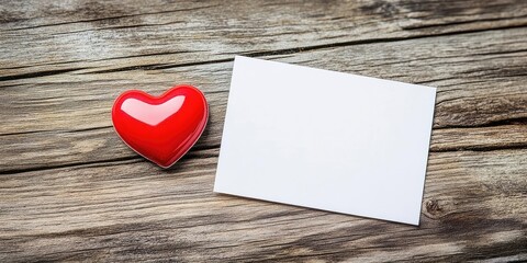 Fototapete - Blank card with a red heart on a wooden surface