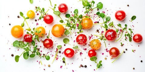 Poster - A composition of red and yellow cherry tomatoes with microgreens and pink pepper on a white isolated background.