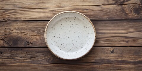 Poster - Empty ceramic plate on a wooden surface. Top view with copyspace.