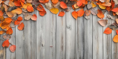 Leinwandbilder - Autumn leaves on a wooden wall with a Shabby Chic design. An empty area for your decoration, text, or advertisement. Copy space.