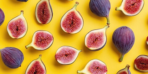 Poster - Fresh whole and sliced figs on a yellow paper surface with copyspace. Food backdrop. Top view. Flat lay.