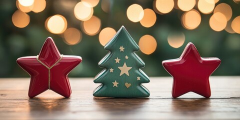 Aufkleber - Three Christmas greeting card holders shaped like a Christmas tree, star, and heart on a wooden table.