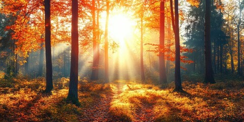 Poster - Autumn forest scenery. A bright morning in a vibrant forest with sunlight streaming through the tree branches.