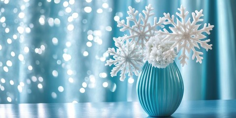 Poster - Contemporary Christmas arrangement featuring three white snowflakes on a pastel blue backdrop in front of a shiny blue curtain. Artistic New Year idea with copy space.