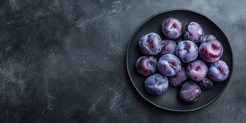 Poster - Top view of fresh, ripe, juicy whole and sliced blue plums on a black plate against a dark gray background. Low-key photography. Close-up. Flat lay arrangement. Copyspace.