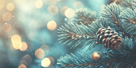Poster - Close-up of a pine branch adorned with decorations. Background for Christmas and New Year holidays. Vintage color tone. Copyspace for your text.