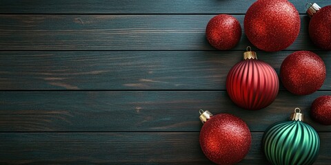 Poster - Christmas red, wavy, and green ribbed ornaments on a dark wooden table. Top view.