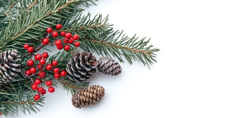 Fototapete - Christmas background featuring a fir tree, red winter berries, and cones on a white backdrop.