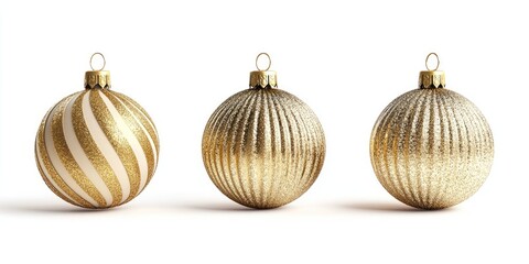 Poster - Three gold-streaked Christmas ornaments featuring twisted stripes and a glittery texture on a white background, complete with shadows and copyspace for your holiday greetings.