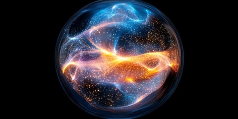 Fototapete - Abstract glowing orb with blue and orange energy swirling inside a transparent sphere against a black background.