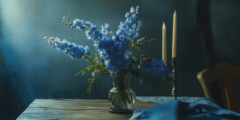 Aufkleber - Tall blue delphinium flowers are arranged in a vase on the table alongside a candlestick and a fabric napkin.