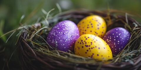Aufkleber - Yellow and purple Easter eggs in a basket. The idea of a holiday and a joyful Easter.