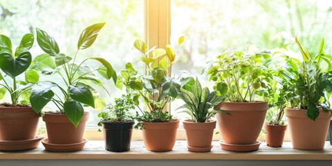 Aufkleber - Various beautiful potted plants in a greenhouse, with space for text.