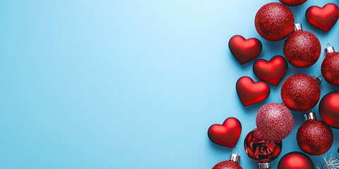 Aufkleber - Christmas and New Year composition featuring red hearts and balls. Xmas frame set against a blue background. Greeting card, mock-up, flat lay holiday concept, top view, copyspace.