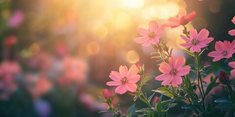 Leinwandbilder - Selective focus image of lovely flowers against a blurred backdrop. Close-up, backlit. Suitable for wallpaper, postcard, poster design, banner, copy space.
