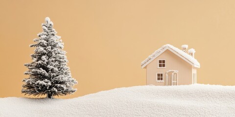 Leinwandbilder - House and tree adorned with snow on a sandy brown backdrop. Creative concept for the winter season featuring copy space. Cozy Christmas holiday idea.