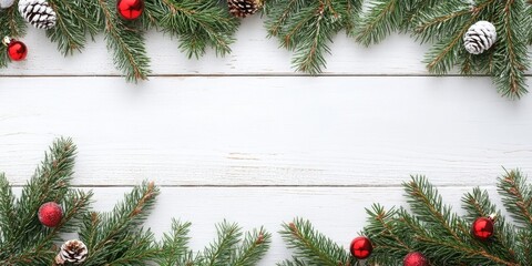 Poster - Christmas background featuring fir branches and decorations on a white rustic wooden surface with copyspace.