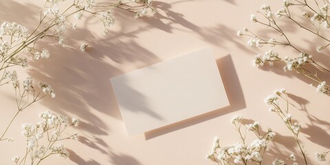 Poster - Mockup featuring a blank paper sheet card and small white flowers on a beige pastel background, enhanced by trendy shadows and sunlight. Minimalist business brand template. Flat lay, top view.
