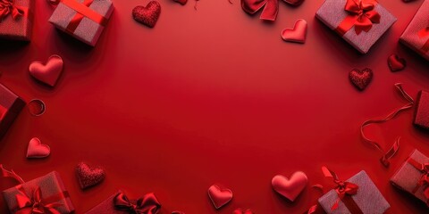 Aufkleber - Top view of a vibrant Valentine background featuring gift boxes and red fabric hearts. Valentine's Day theme with copyspace.