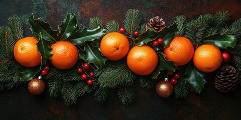 Aufkleber - Mandarins, pine branches, and Christmas ornaments