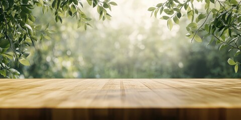 Poster - An empty wooden countertop set against a hazy natural backdrop. Spring and summer scene. Bokeh effect. A bright day. Copyspace.