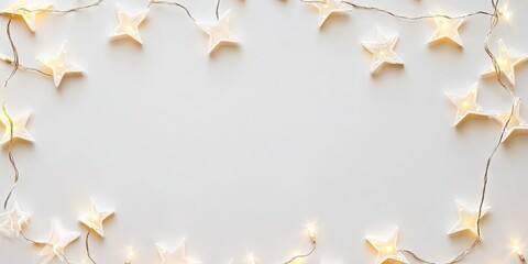 Aufkleber - Christmas frame featuring star-shaped light garlands on a white background with copy space. Flat lay, top view. Xmas greeting card.