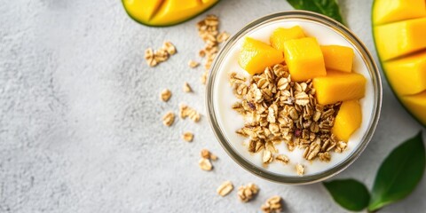 Canvas Print - Healthy parfait dessert featuring yogurt, granola, and mango in a glass jar. Top view with copy space on a white stone table.