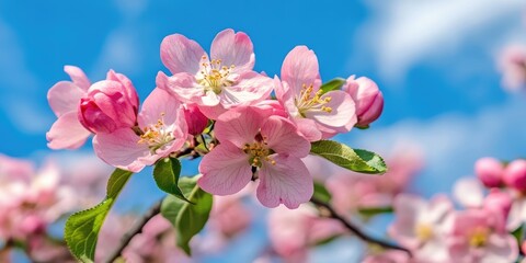 Poster - Blossom pink tree. Flowering pink apple tree in spring set against a backdrop of a clear sky and clouds.