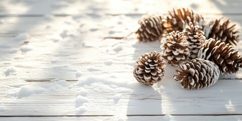 Poster - Snow-covered and brown pine cones on a rustic white wood table with sunlight shadows, creating a Christmas decoration backdrop.