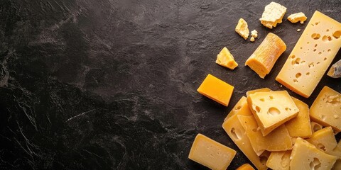 Poster - Cheese variety for snacking. Top view. Ample copy space.