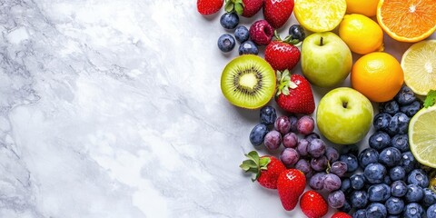 Poster - Fresh, nutritious fruits serve as a healthy dessert, rich in natural vitamins and minerals, with space for text or inscription on a white board.