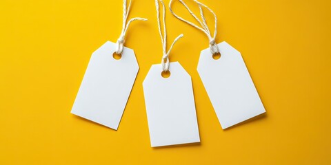 Aufkleber - Blank white tags with strings on a yellow background. Mockup, design template. Copyspace. Sale, shopping idea.